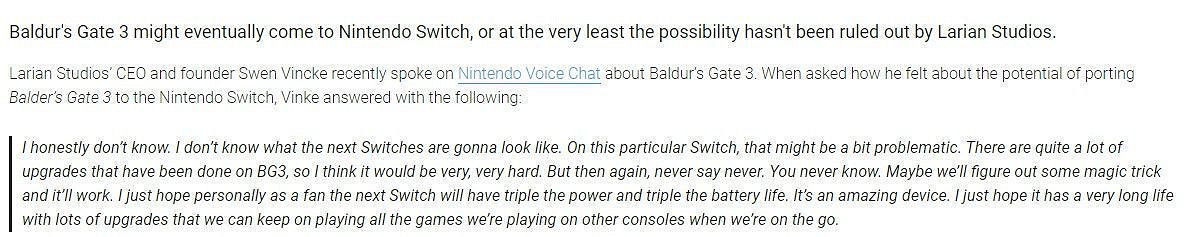 《柏德之門3》不排除登陸Switch 但當前條件困難