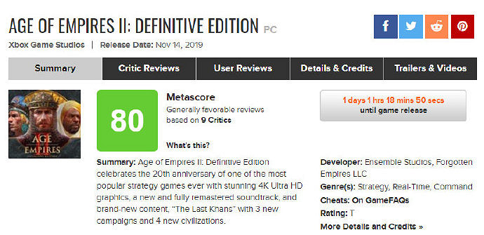 《世紀帝國2：決定版》媒體分解禁 M站均分80 PCGamer 78分