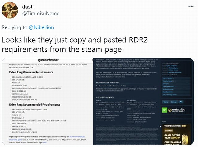 網傳《艾爾登法環》PC配置或是假的 竟跟碧血狂殺2一樣? 網傳《艾爾登法環》PC配置或是假的 竟跟碧血狂殺2一樣?