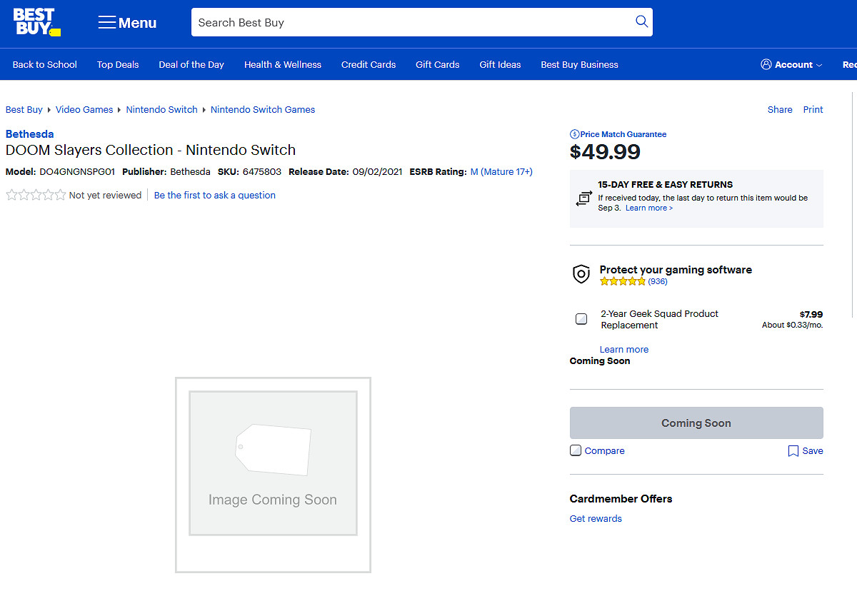 百思買商品列表提前洩露Switch版《毀滅戰士合集》 百思買商品列表提前洩露Switch版《毀滅戰士合集》