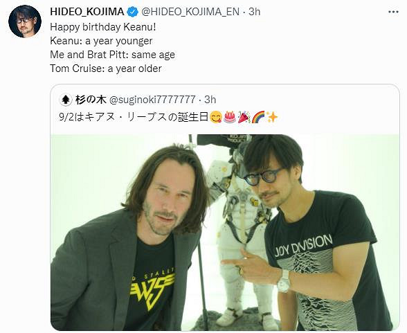 小島發推慶祝基努裡維斯生日 並稱其差點擔任《死擱》反派 小島發推慶祝基努裡維斯生日 並稱其差點擔任《死擱》反派