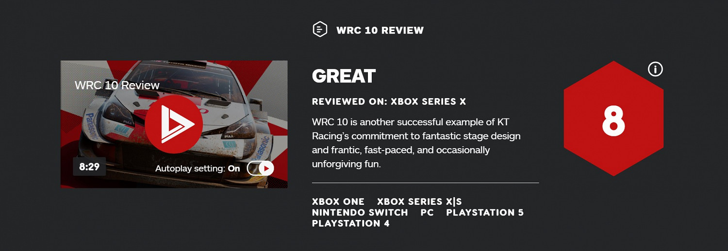 《世界汽車拉力錦標賽10》IGN 8分 節奏快 設計巧妙