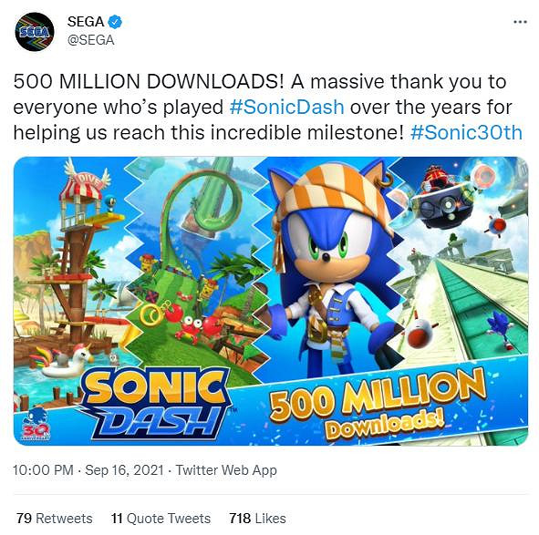 《音速小子衝刺》全球下載次數已超5億次 遊戲特殊活動開啟