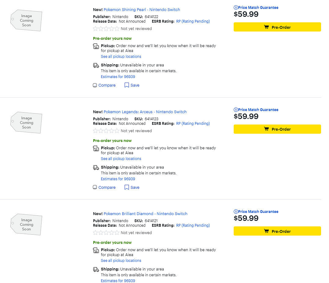 《寶可夢 晶燦鑽石/明亮珍珠》百思特預售價公開 均為59.99美元 《寶可夢 晶燦鑽石/明亮珍珠》百思特預售價公開 均為59.99美元