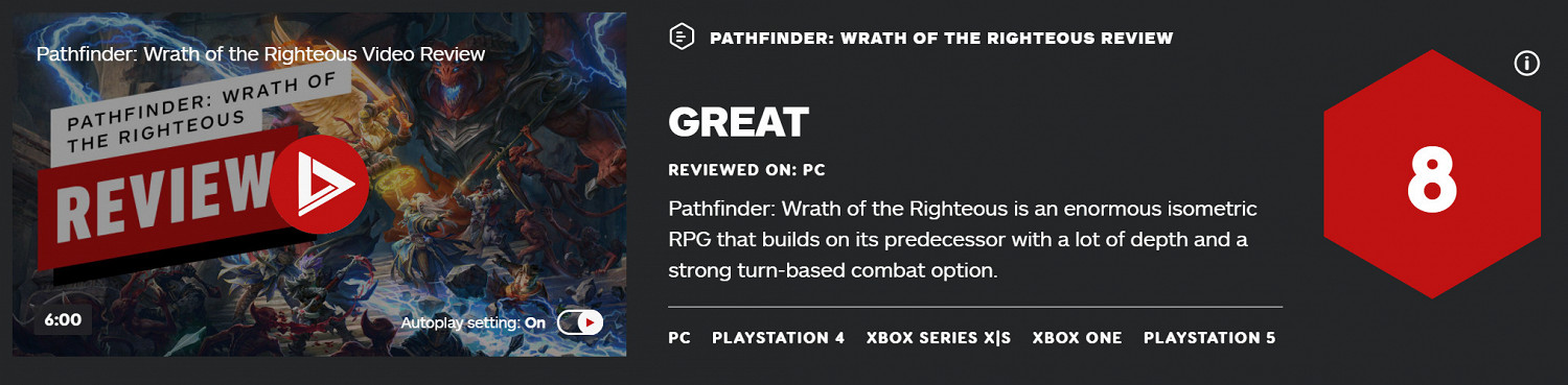 《尋路者傳奇:正義之怒》IGN 8分 Steam特別好評 《尋路者傳奇:正義之怒》IGN 8分 Steam特別好評