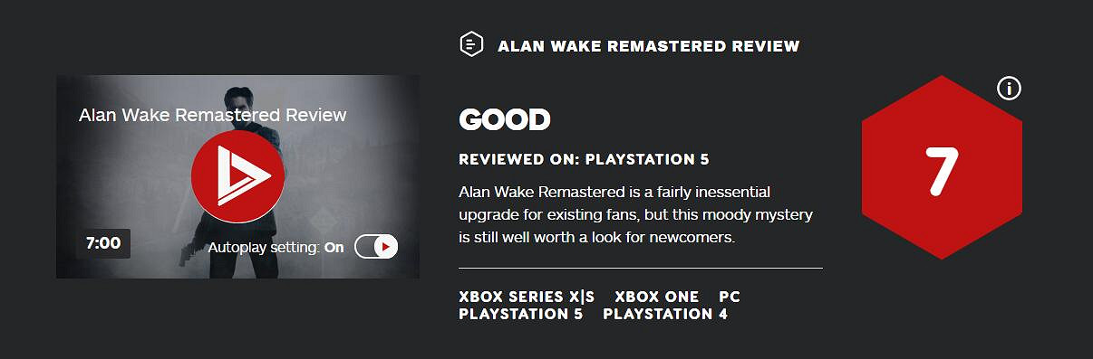 《心靈殺手重製版》IGN 7分、M站均分81:新瓶裝舊酒 《心靈殺手重製版》IGN 7分、M站均分81:新瓶裝舊酒