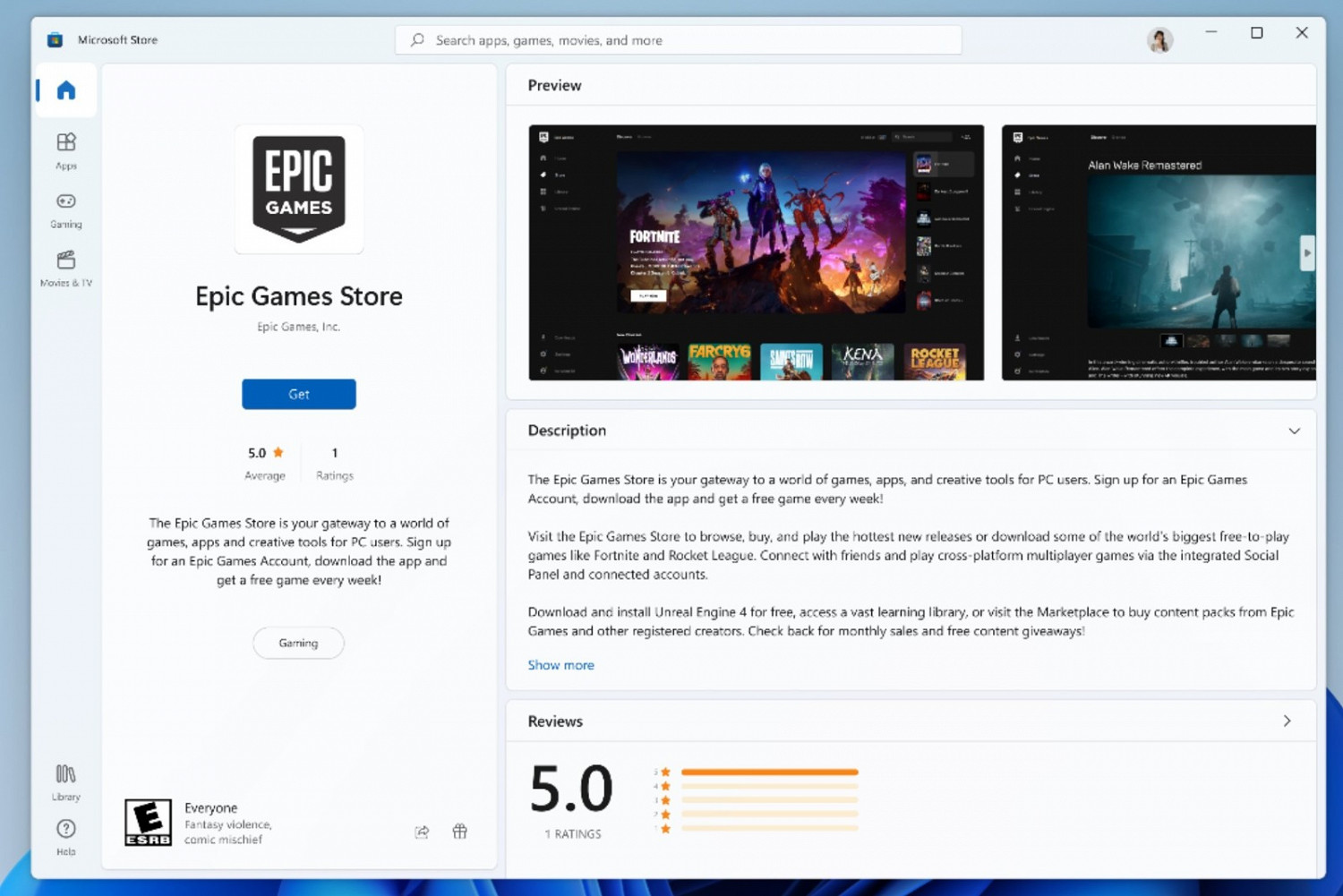 Epic遊戲商城應用現在可從Microsoft Store中下載