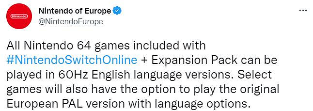 歐洲任天堂確認Switch上的N64遊戲為60Hz 歐洲任天堂確認Switch上的N64遊戲為60Hz