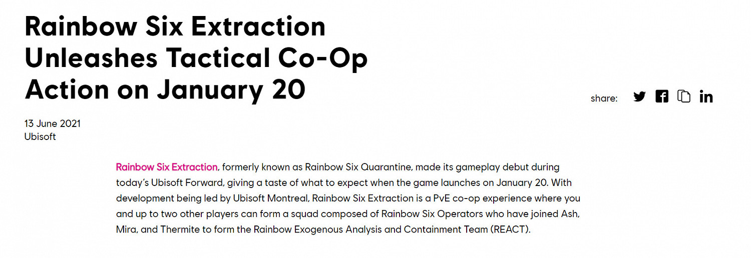 育碧疑似洩露了《虹彩六號：撤離禁區》的發售日