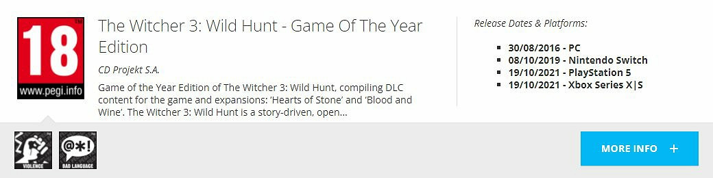 《巫師3：狂獵 年度版》次世代版本在歐洲完成PEGI評級 將來有可能很快到來