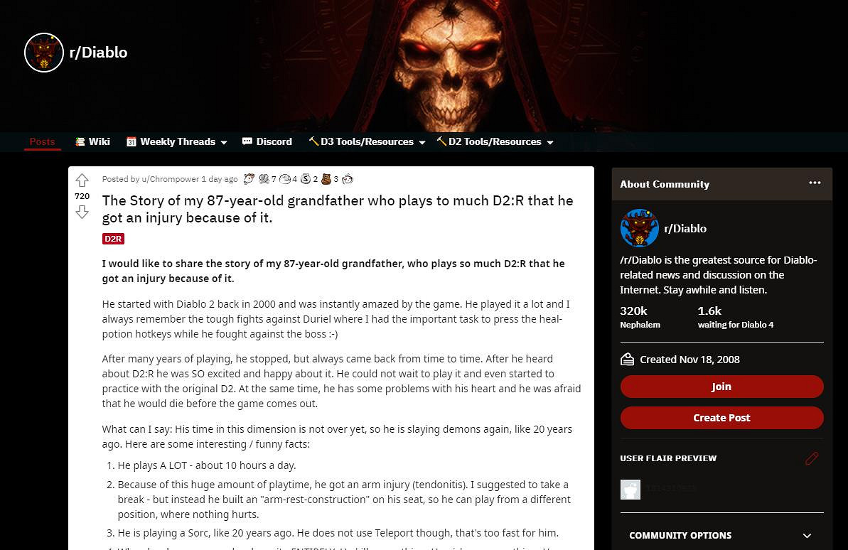 87歲暗黑2老粉癡迷《暗黑2獄火重生》 玩出   “肌腱炎”   