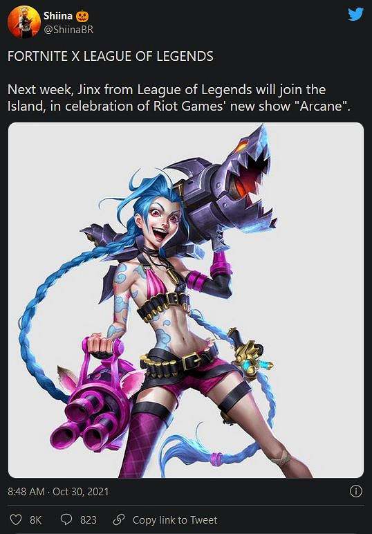 傳聞：《要塞英雄》將連動《英雄聯盟》推出金克絲皮膚