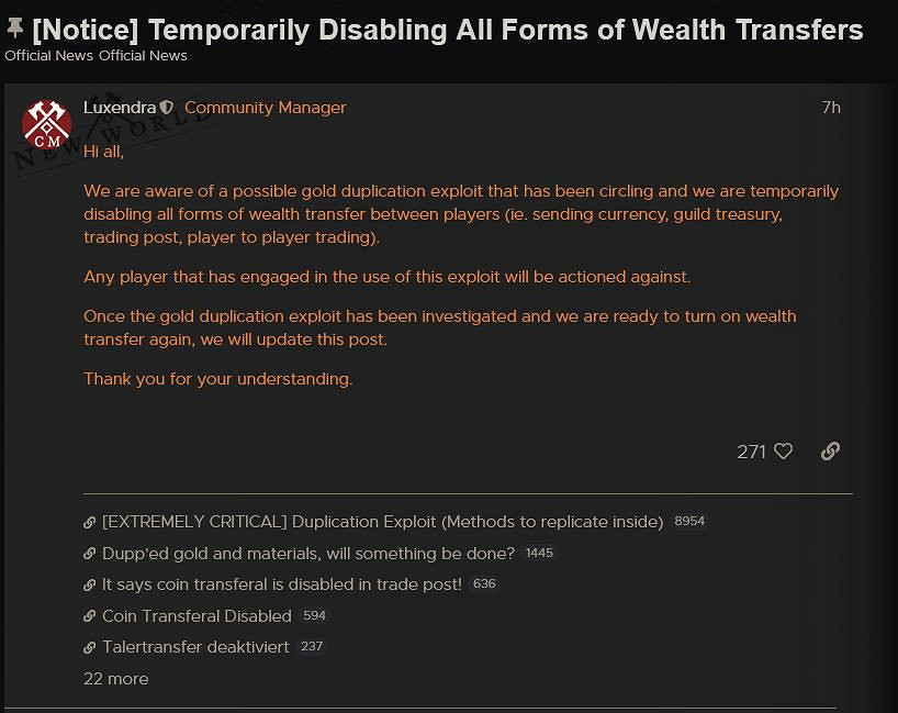 為對抗金幣複製漏洞 《新世界》停止所有財富轉移服務