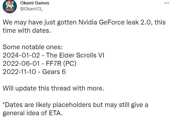 NVIDIA 洩露大批遊戲發售日 《上古卷軸6》2024年發售