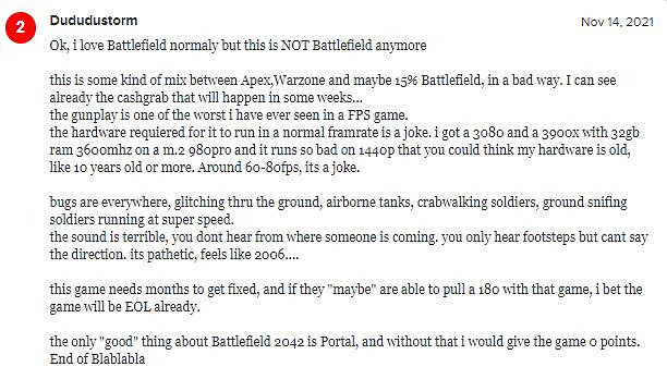 《戰地風雲2042》M站遭使用者差評轟炸 玩家稱這已不是戰地風雲