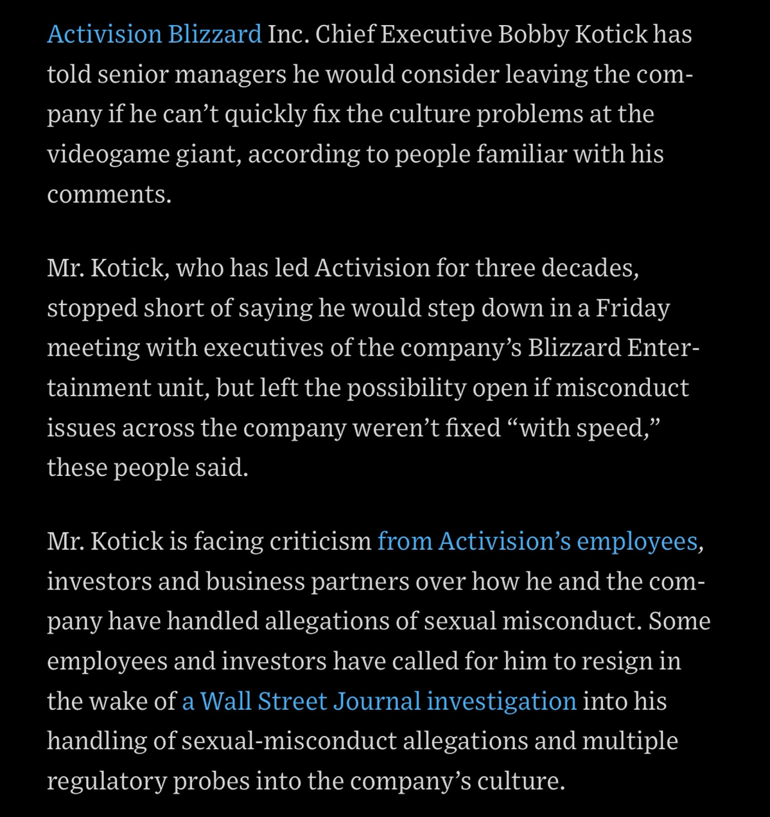 動視CEO：若不能快速解決文化問題 會考慮辭職