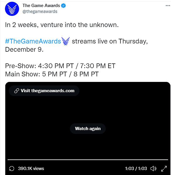 TGA2021頒獎典禮12月10日舉行 還會有半小時展前環節