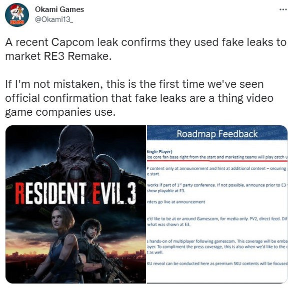 卡普空招數多 網曝其曾用假泄密宣傳《生化3重製版》