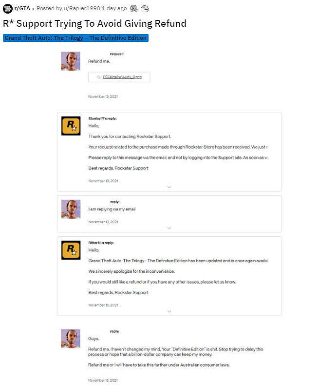 R星拒絕為《GTA三部曲》退款 玩家吐槽：R星輝煌不再