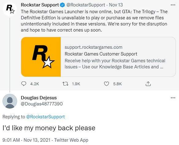 《GTA三部曲》或是2021年“2077” 玩家差評並退款 《GTA三部曲》或是2021年“2077” 玩家差評並退款