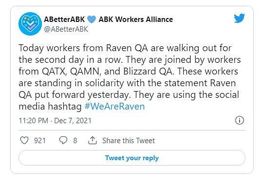 暴雪QA員工支援Raven工作室進行裁員抗議活動