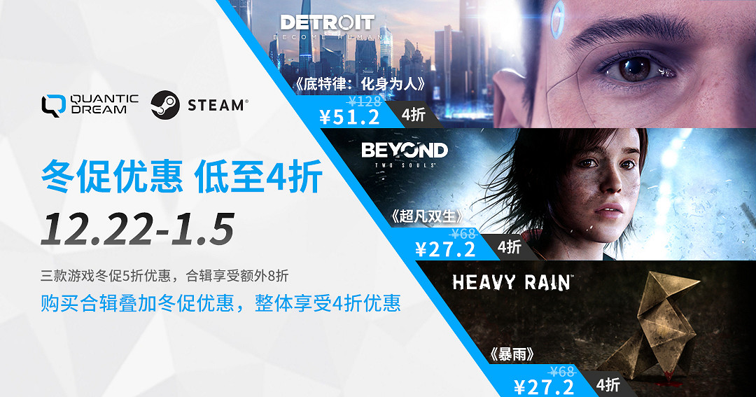 Steam冬促開啟,Quantic Dream工作室旗下三款遊戲最低4折 Steam冬促開啟,Quantic Dream工作室旗下三款遊戲最低4折