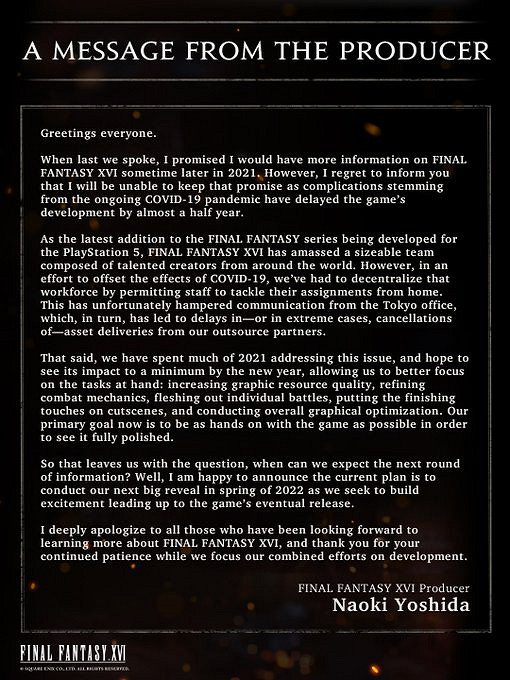 《太空戰士16》製作人致歉 新情報推遲至 2022 年春發佈 《太空戰士16》製作人致歉 新情報推遲至 2022 年春發佈