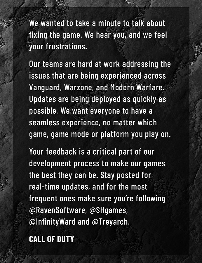 動視:正努力解決決勝時刻先鋒、戰區及現代戰爭問題 動視:正努力解決決勝時刻先鋒、戰區及現代戰爭問題