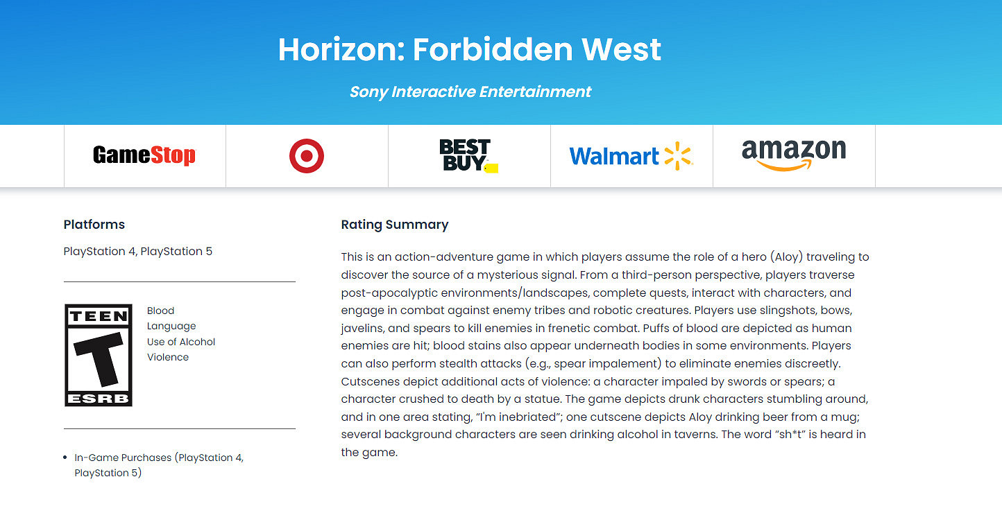 因暴力和酒精 《地平線:西域禁地》被ESRB分為T級 因暴力和酒精 《地平線:西域禁地》被ESRB分為T級