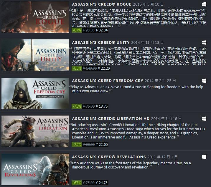 Steam《刺客教條》系列打折促銷 多款遊戲近平史低