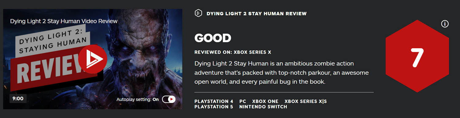 《垂死之光2》IGN 7分：bug太多、主線劇情可遺忘