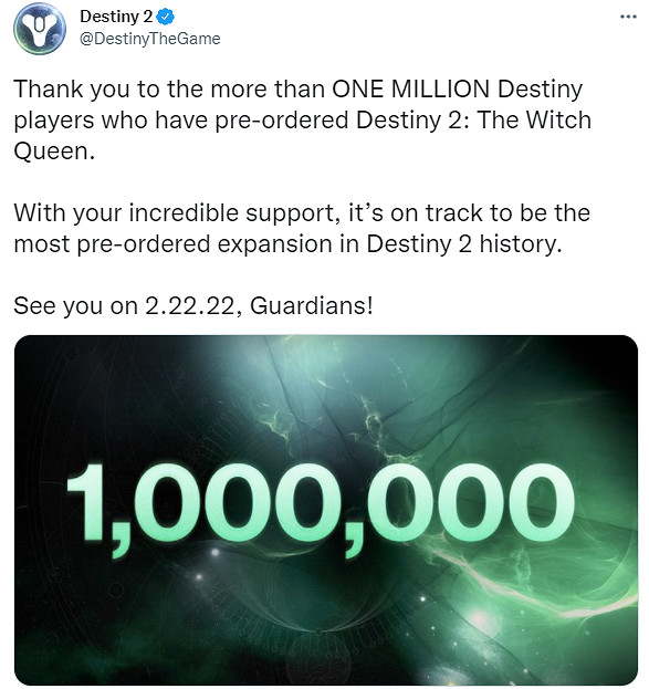 Bungie:《天命2:邪姬魅影》預購銷量破百萬 Bungie:《天命2:邪姬魅影》預購銷量破百萬