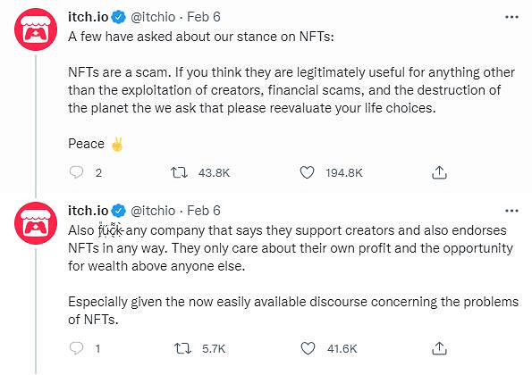 獨立遊戲網站itch.io官推:NFT就是一場騙局 獨立遊戲網站itch.io官推:NFT就是一場騙局