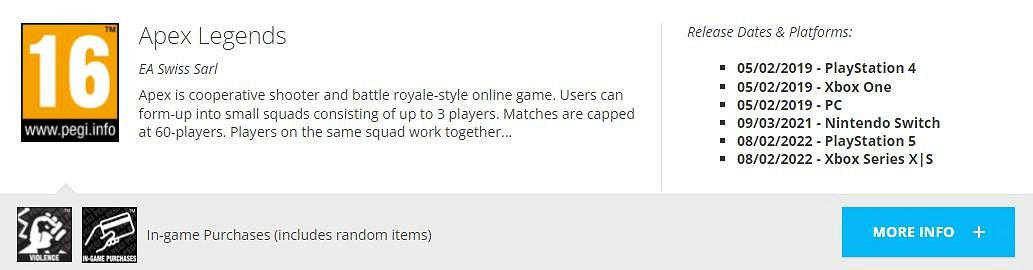 《Apex英雄》PS5和XSX|S版已在台灣和歐洲獲得評級 《Apex英雄》PS5和XSX|S版已在台灣和歐洲獲得評級