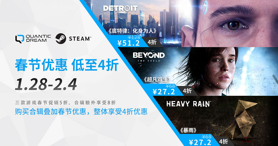 春節促銷,Quantic Dream工作室旗下三款遊戲Steam平台最低4折 春節促銷,Quantic Dream工作室旗下三款遊戲Steam平台最低4折