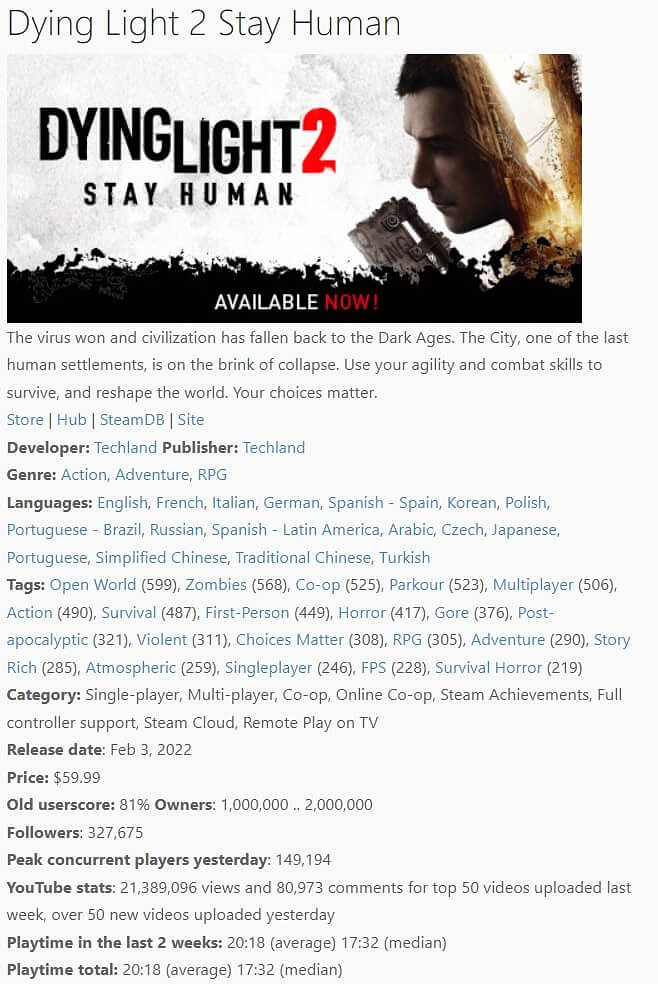 《垂死之光2》PC版銷量超100萬份 打喪屍很過癮 《垂死之光2》PC版銷量超100萬份 打喪屍很過癮