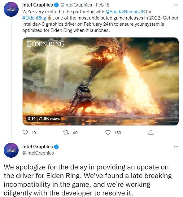 與老頭環同步上線顯卡驅動推遲 英特爾致歉