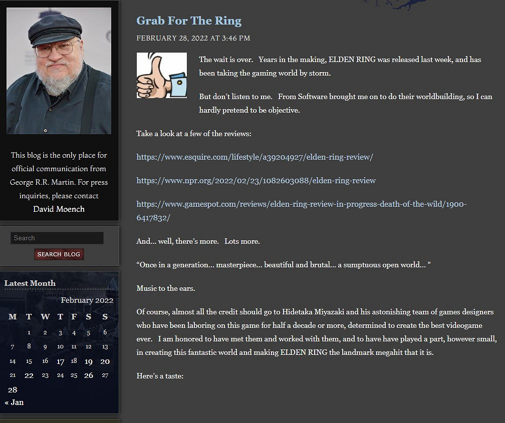 喬治·馬丁老爺子發部落格安利《艾爾登法環》