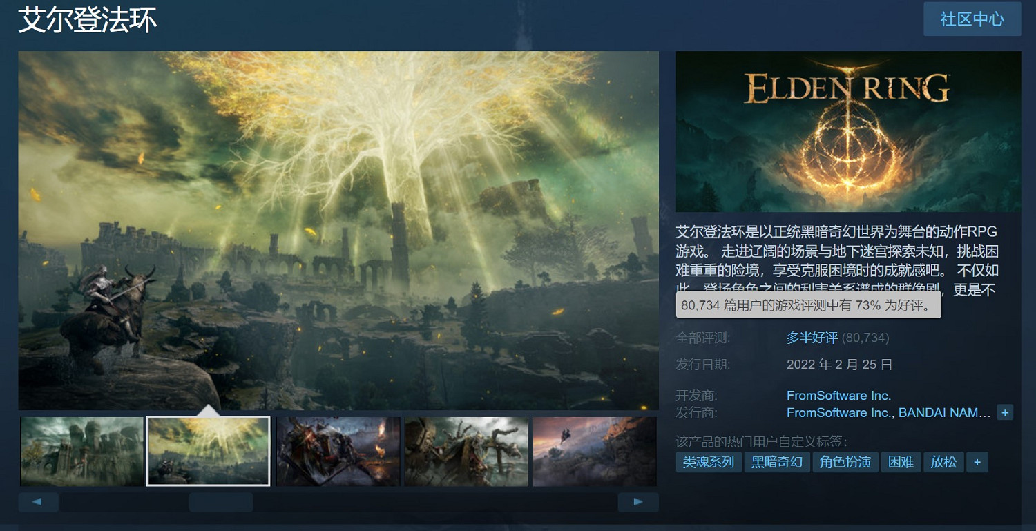 《艾爾登法環》Steam評價現已變為73%多半好評