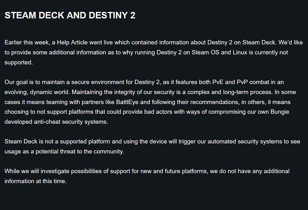 Bungie解釋《天命2》不支援Steam Deck原因 Bungie解釋《天命2》不支援Steam Deck原因
