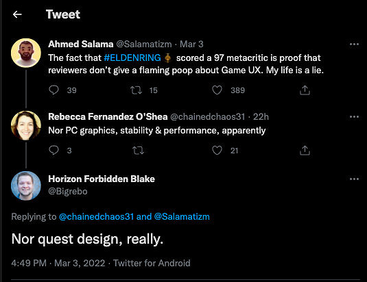 育碧和索尼等多名開發者批評《艾爾登法環》憑什麽97分 問題太多 育碧和索尼等多名開發者批評《艾爾登法環》憑什麽97分 問題太多