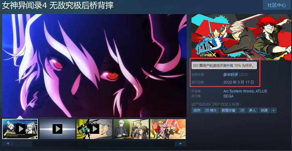 《女神異聞錄4:無敵究極後橋背摔》Steam好評率78% 《女神異聞錄4:無敵究極後橋背摔》Steam好評率78%