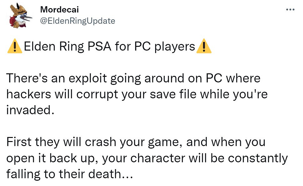 近期有駭客利用漏洞破壞《艾爾登法環》存檔 近期有駭客利用漏洞破壞《艾爾登法環》存檔