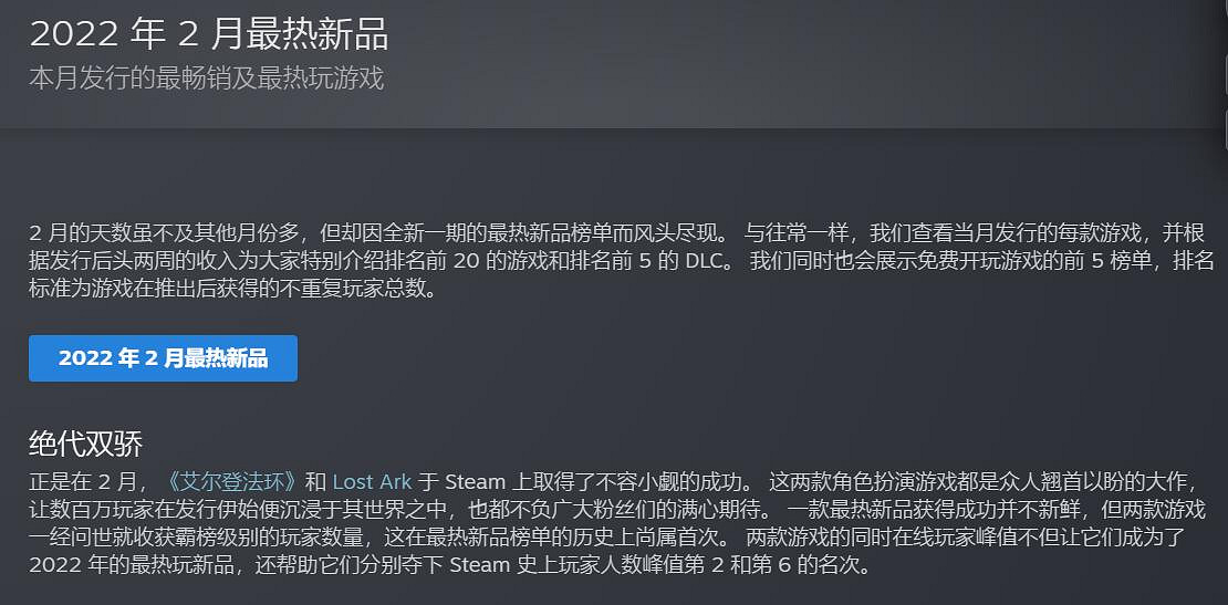 V社公布Steam 2月熱門新品榜:法環&方舟絕代雙驕! V社公布Steam 2月熱門新品榜:法環&方舟絕代雙驕!