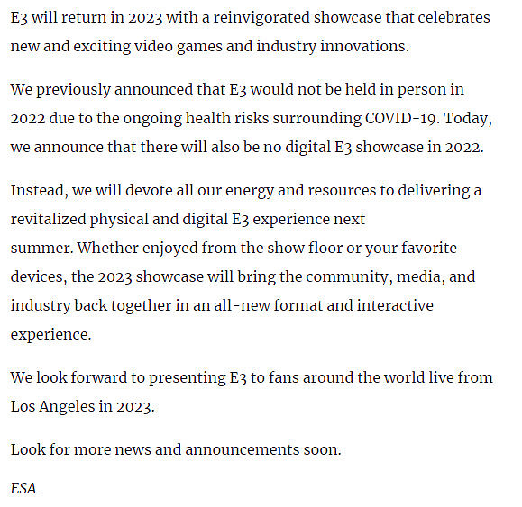 不是愚人節玩笑!官宣E3 2022線上線下活動全部取消 不是愚人節玩笑!官宣E3 2022線上線下活動全部取消