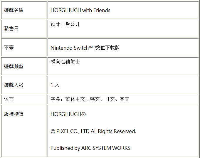 橫向卷軸射擊遊戲NS《HORGIHUGH with Friends》確定推出繁體中文版！