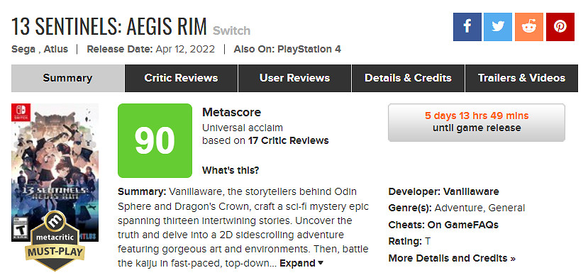 Switch版《十三機兵防衛圈》媒體評分解禁 M站均分高達90