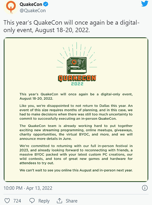 貝塞斯達宣布QuakeCon 2022活動改為線上! 八月舉行 貝塞斯達宣布QuakeCon 2022活動改為線上! 八月舉行