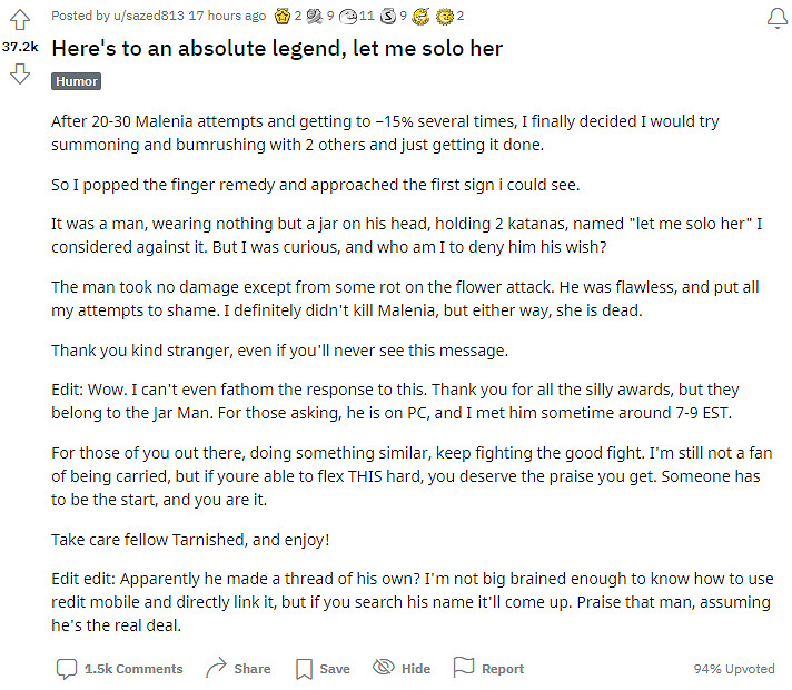 正義的使者《艾爾登法環》壺頭哥 專幫玩家單挑女武神 正義的使者《艾爾登法環》壺頭哥 專幫玩家單挑女武神