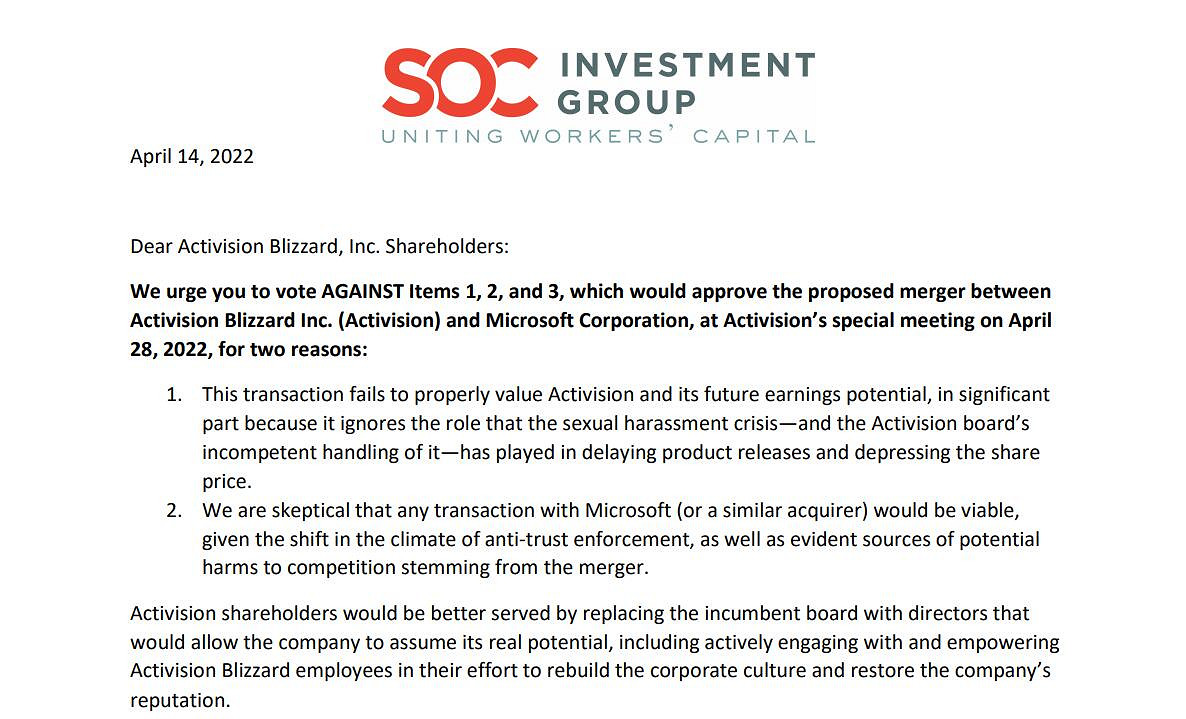 SOC集團強烈建議動視暴雪股東投票拒絕微軟收購案！
